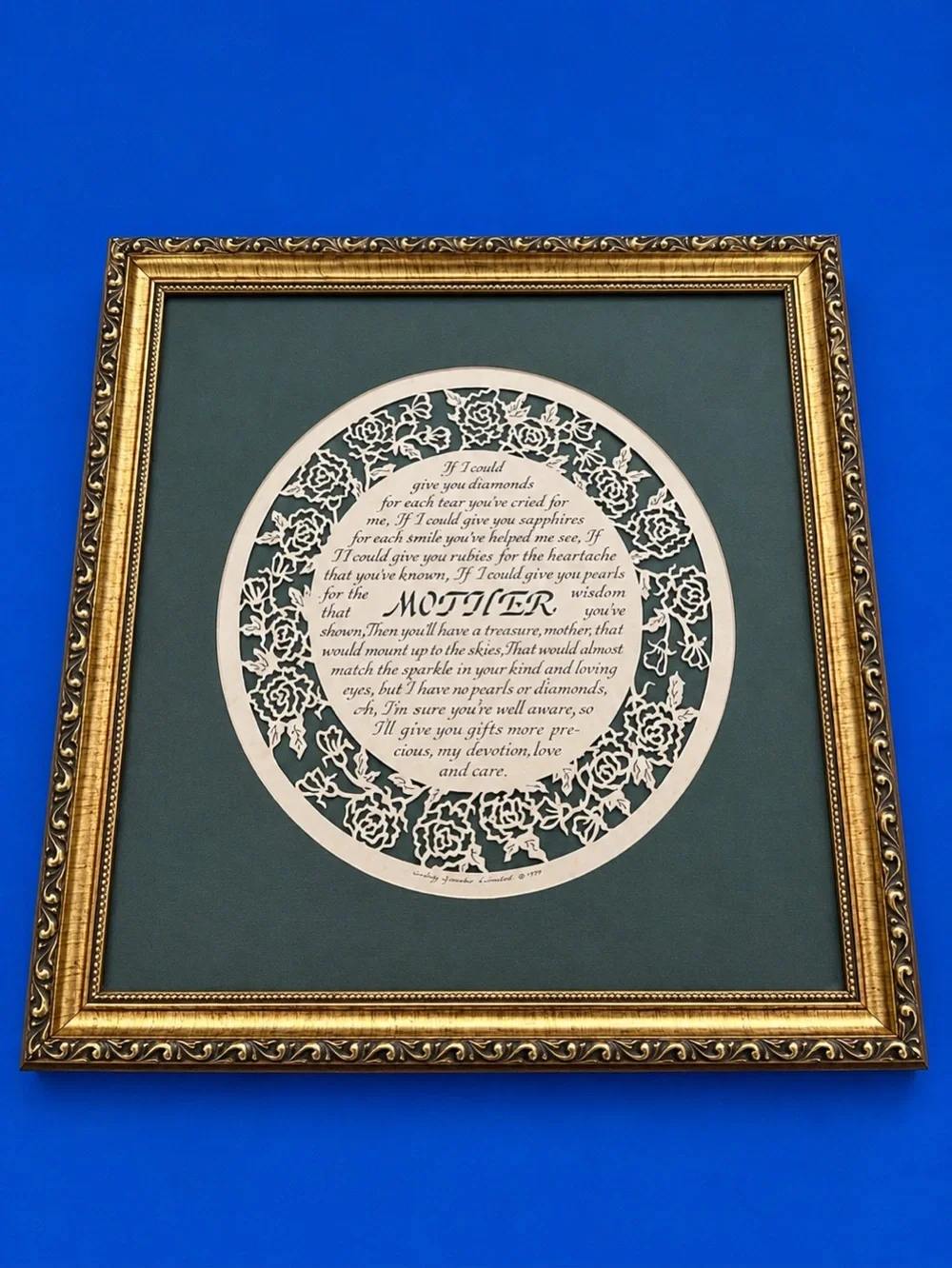Vintage 1979 “Mother” Framed Poem Papercut Floral Art – Ornate Gold Frame
